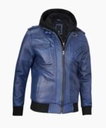 Stylish Mens Blue Leather Jacket with Removable Hood