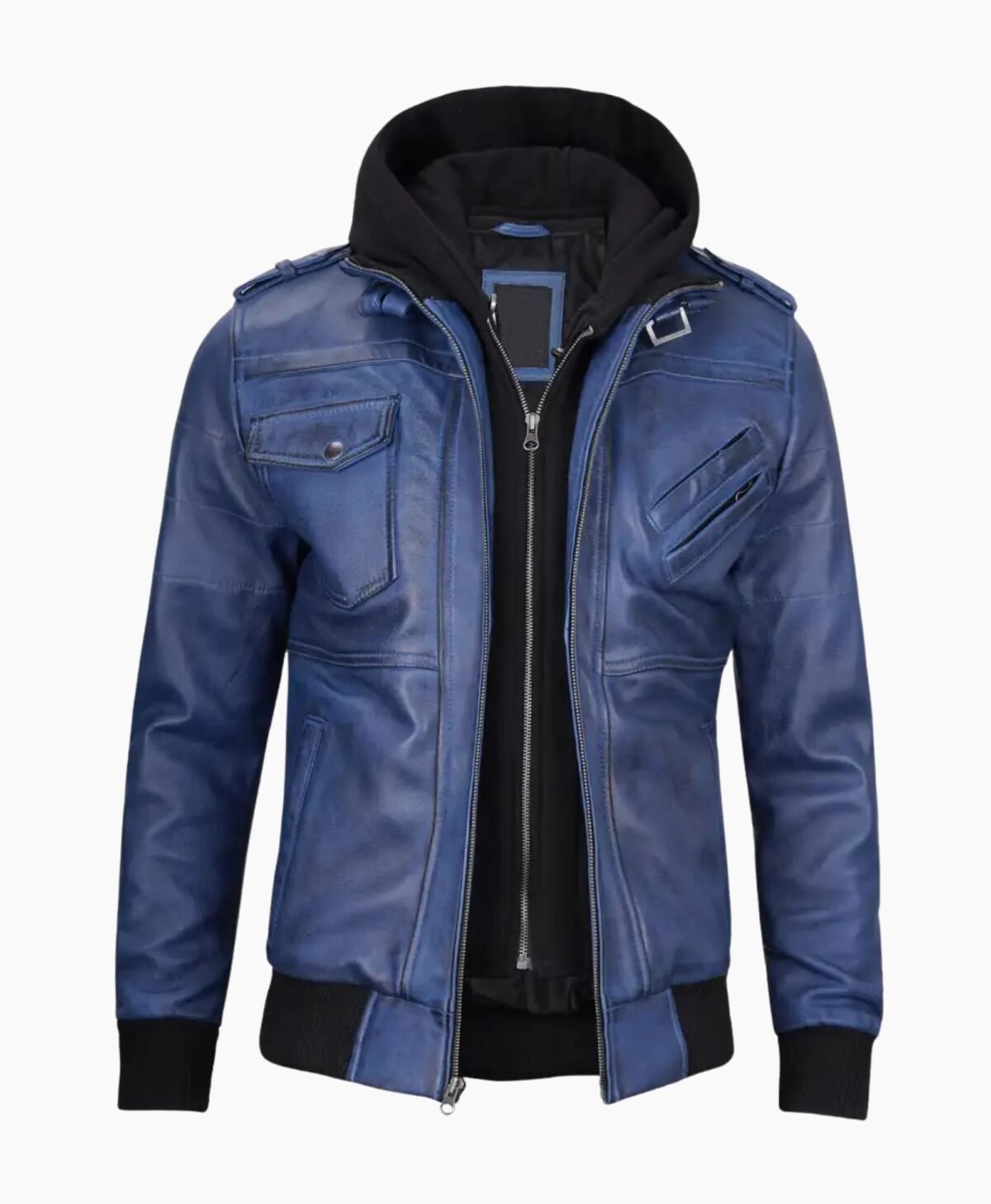 Stylish Mens Blue Leather Jacket with Removable Hood