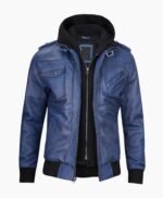 Stylish Mens Blue Leather Jacket with Removable Hood