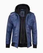 Stylish Mens Blue Leather Jacket with Removable Hood