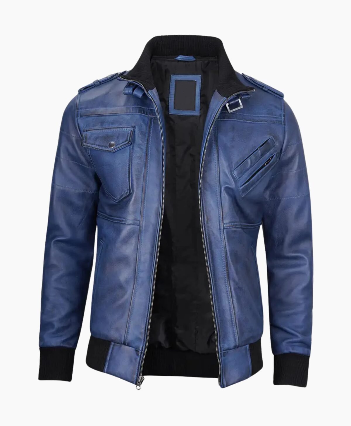 Stylish Mens Blue Leather Jacket with Removable Hood