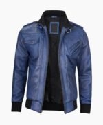 Stylish Mens Blue Leather Jacket with Removable Hood