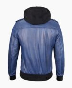 Stylish Mens Blue Leather Jacket with Removable Hood