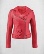 Stylish Red Leather Biker Jacket For Women