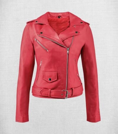 Stylish Red Leather Biker Jacket For Women