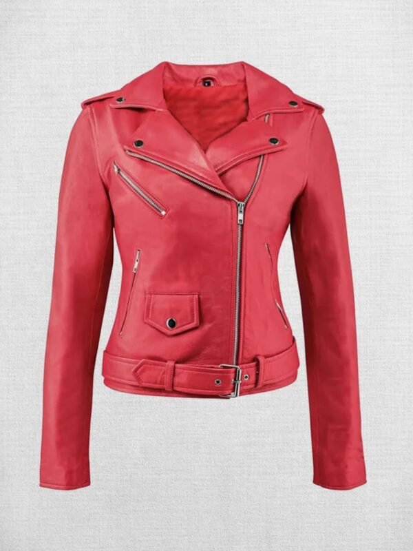 Stylish Red Leather Biker Jacket For Women