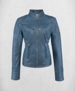 Stylish Wax Blue Leather Jacket For Women