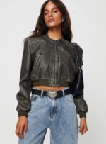 Stylish Women Charcoal Cropped Leather Jacket
