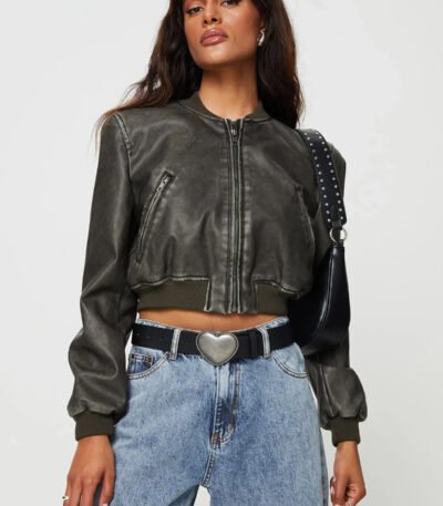 Stylish Women Charcoal Cropped Leather Jacket