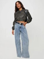 Stylish Women Charcoal Cropped Leather Jacket