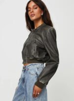 Stylish Women Charcoal Cropped Leather Jacket