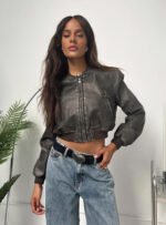 Stylish Women Charcoal Cropped Leather Jacket