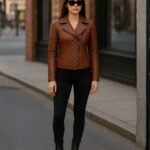 Tan Brown Women Quilted Sheepskin Leather Jacket