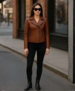 Tan Brown Women Quilted Sheepskin Leather Jacket