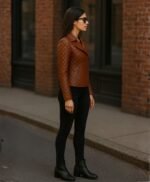 Tan Brown Women Quilted Sheepskin Leather Jacket