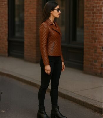 Tan Brown Women Quilted Sheepskin Leather Jacket