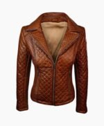 Tan Brown Women Quilted Sheepskin Leather Jacket