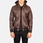 Trending Brown Bomber Hooded Leather Jacket For Men