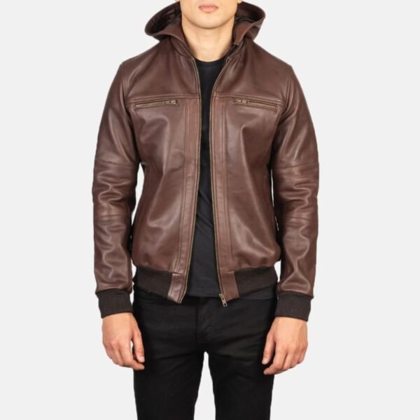 Trending Brown Bomber Hooded Leather Jacket For Men