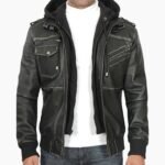 Trending Men's Leather Bomber Jacket With Removable Hood