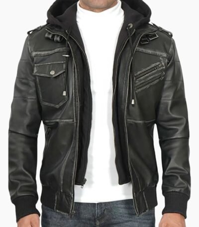 Trending Men's Leather Bomber Jacket With Removable Hood