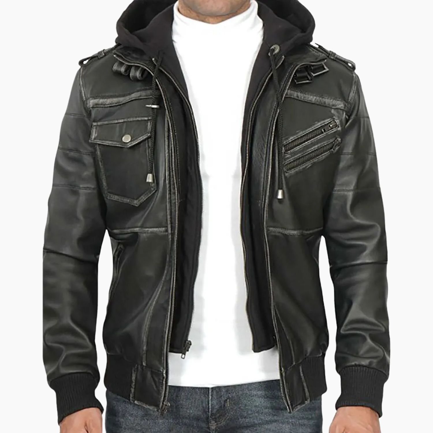 Trending Men's Leather Bomber Jacket With Removable Hood Trending Men's Leather Bomber Jacket With Removable Hood