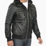 Trending Men's Leather Bomber Jacket With Removable Hood