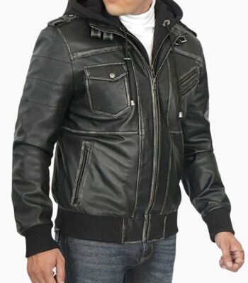 Trending Men's Leather Bomber Jacket With Removable Hood