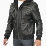 Trending Men's Leather Bomber Jacket With Removable Hood