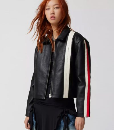 UO Lowson Faux Leather Stripe Racer Moto Jacket