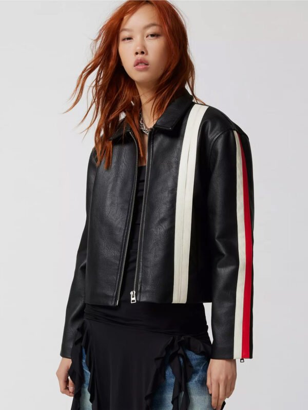 UO Lowson Faux Leather Stripe Racer Moto Jacket