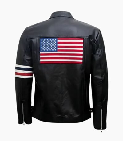 USA Flag Elegant Black Biker Leather Jacket