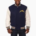 Varsity LA Chargers Navy Blue and White Wool Leather Jacket