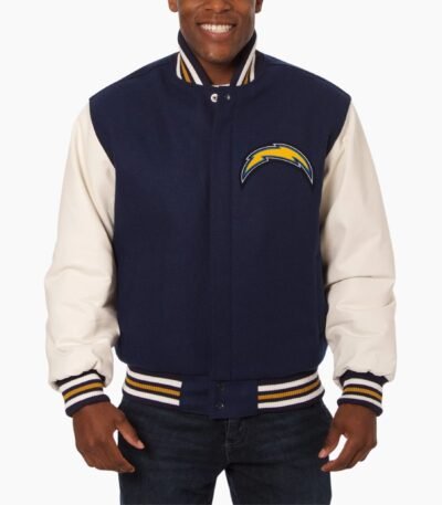 Varsity LA Chargers Navy Blue and White Wool Leather Jacket