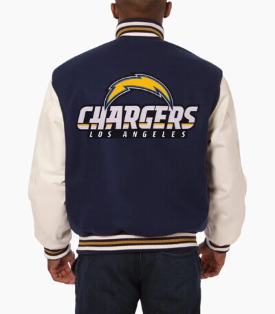 Varsity LA Chargers Navy Blue and White Wool Leather Jacket