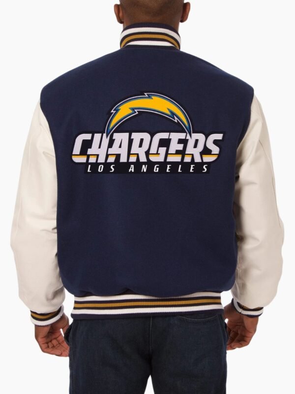 Varsity LA Chargers Navy Blue and White Wool Leather Jacket