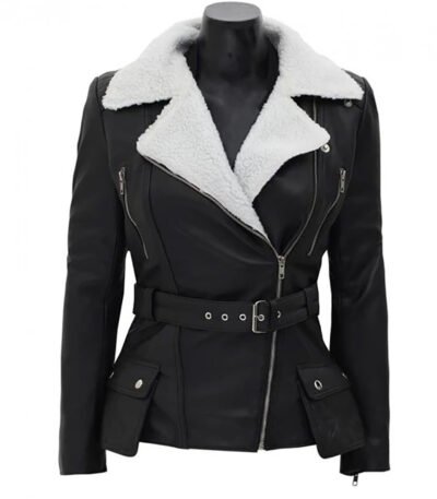 Verona Black Faux Fur Leather Jacket with Asymmetrical White Sherpa