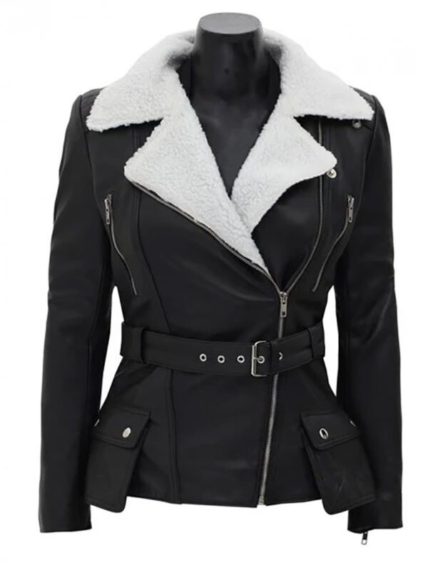 Verona Black Faux Fur Leather Jacket with Asymmetrical White Sherpa