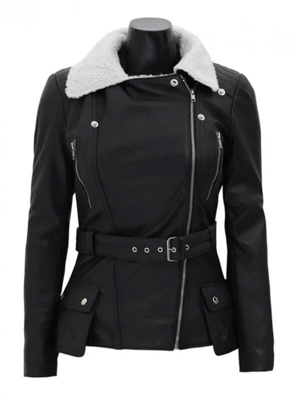 Verona Black Faux Fur Leather Jacket with Asymmetrical White Sherpa