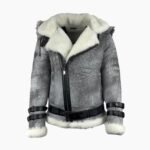Vintage Distressed Grey Aviator Bomber Shearling Jacket With Hoodie