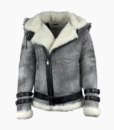 Vintage Distressed Grey Aviator Bomber Shearling Jacket With Hoodie