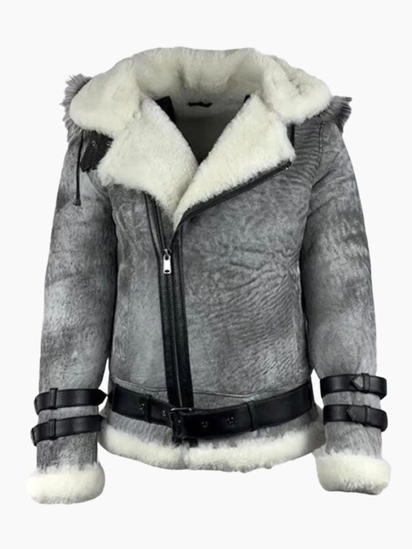 Vintage Distressed Grey Aviator Bomber Shearling Jacket With Hoodie