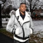 Vintage Distressed Grey Aviator Bomber Shearling Jacket With Hoodie