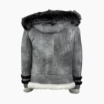 Vintage Distressed Grey Aviator Bomber Shearling Jacket With Hoodie