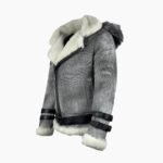 Vintage Distressed Grey Aviator Bomber Shearling Jacket With Hoodie