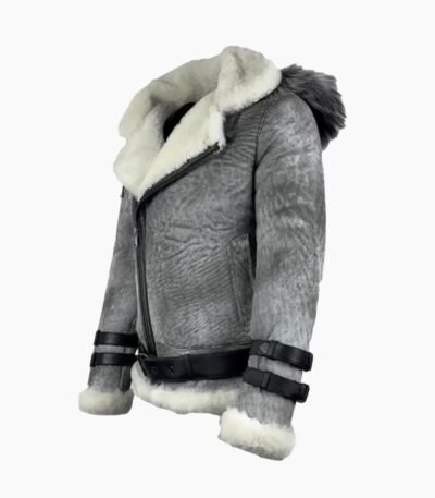 Vintage Distressed Grey Aviator Bomber Shearling Jacket With Hoodie