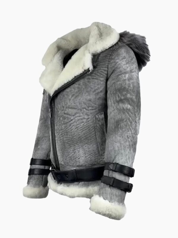 Vintage Distressed Grey Aviator Bomber Shearling Jacket With Hoodie