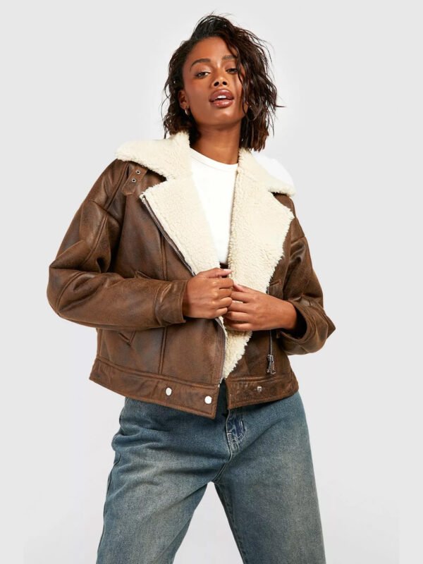 Vintage Wash Faux Fur Leather Aviator Jacket