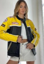 Vintage Y2k Leather Racing Biker Jacket Black Yellow