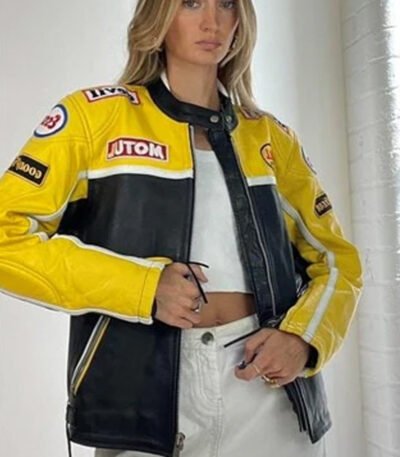 Vintage Y2k Leather Racing Biker Jacket Black Yellow